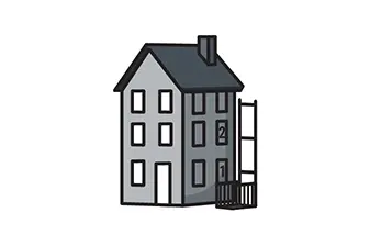 Three-story house illustration with a home elevator on the right side, featuring a platform and rail system for accessibility.