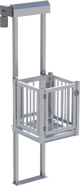 Silver freestanding platform lift with safety rails, designed for home elevators, offering mobility and accessibility solutions.
