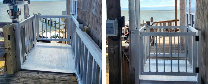 Outdoor home elevator with coastal view, featuring a wooden deck entry and metal railing, overlooking a calm sea.