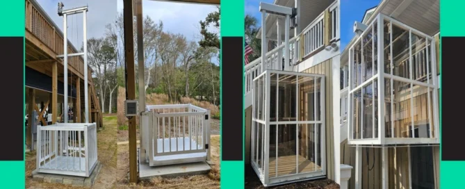 Two outdoor home elevators with white frames, one near a wooden deck and the other adjacent to a house, against a green and black background.