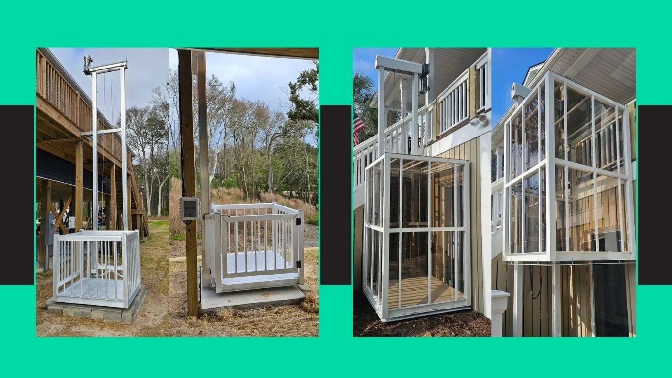 Two outdoor home elevators with white frames, one near a wooden deck and the other adjacent to a house, against a green and black background.