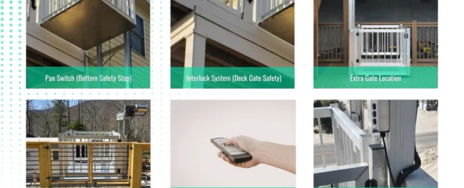 Features of home elevators include pan switch, interlock system, extra gate, deck gate, lift controls, and extra remote controls.