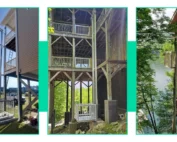 Three lakeside homes with outdoor home elevators on tall structures, surrounded by trees and overlooking water.