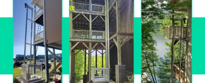 Three lakeside homes with outdoor home elevators on tall structures, surrounded by trees and overlooking water.