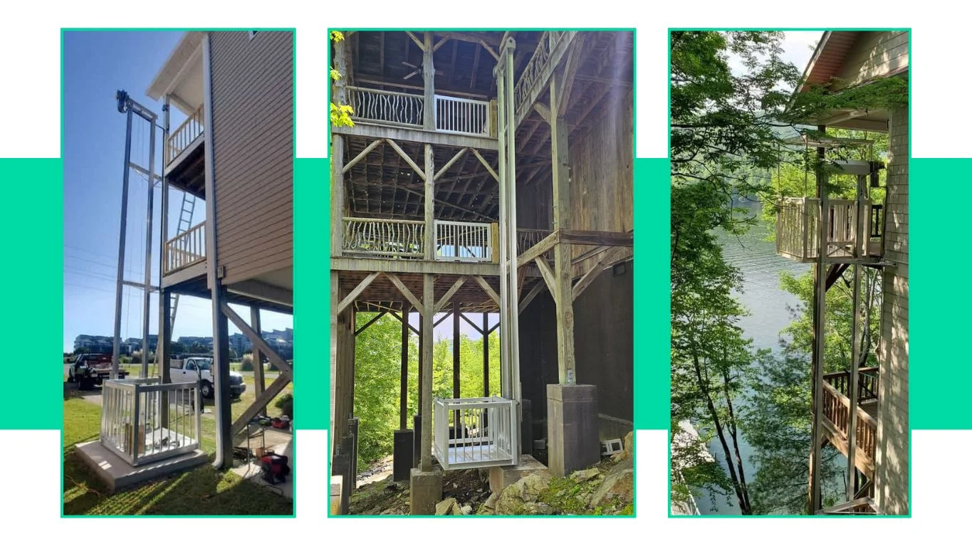 Three lakeside homes with outdoor home elevators on tall structures, surrounded by trees and overlooking water.