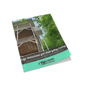 Brochure featuring a home elevator system with wooden structure amidst greenery, titled "Lift Solutions for Everyday Living."