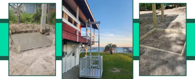 Home elevator installation by the seaside, showing concrete base, elevator structure on the house, and framed dirt foundation.