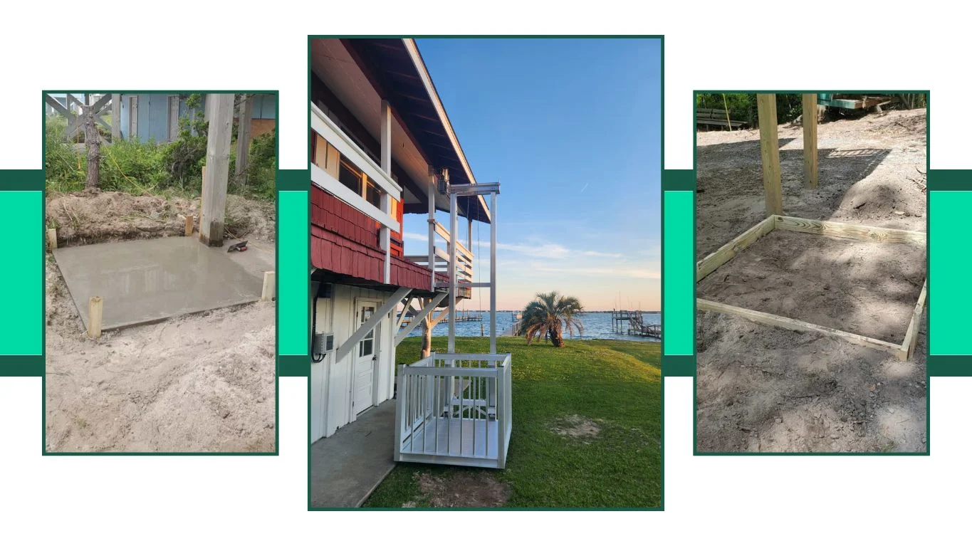 Home elevator installation by the seaside, showing concrete base, elevator structure on the house, and framed dirt foundation.