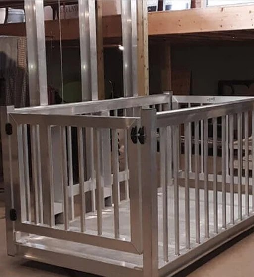 Metallic home elevator with sleek railing design under wooden beams.
