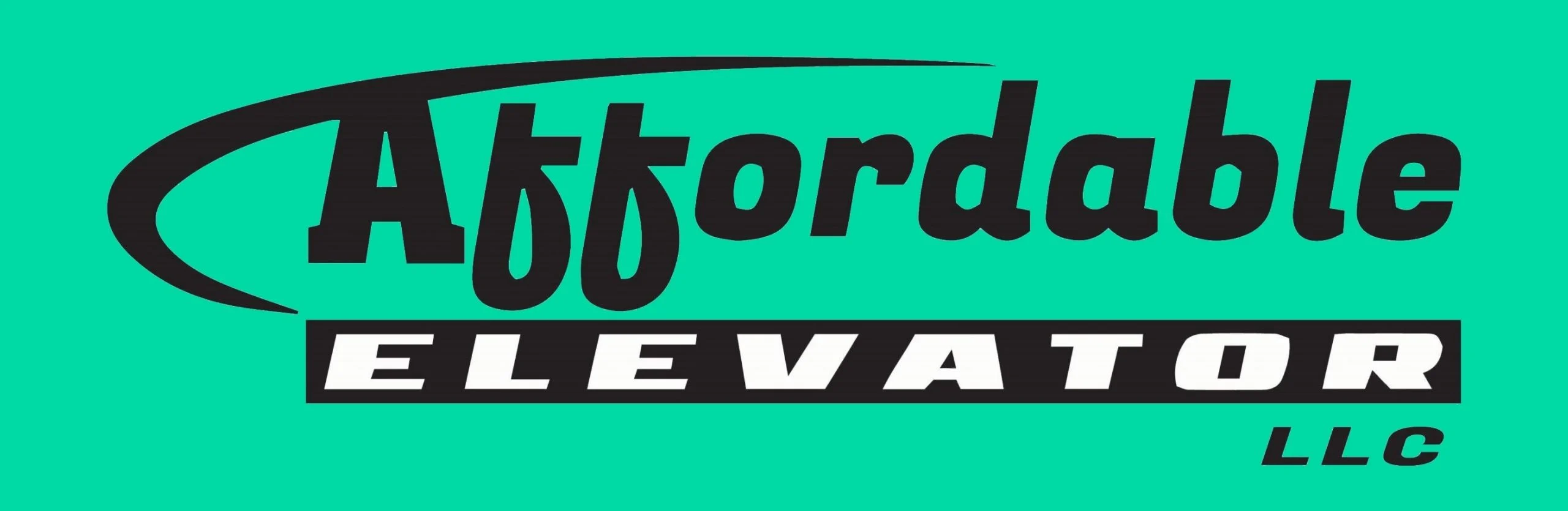 Affordable Elevator LLC logo with stylized text on teal background, focusing on home elevators.